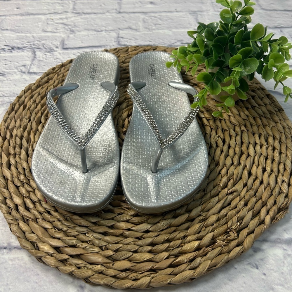 Capelli of New York Silver Flip Flops with Rhinestone Accents. Size 9.